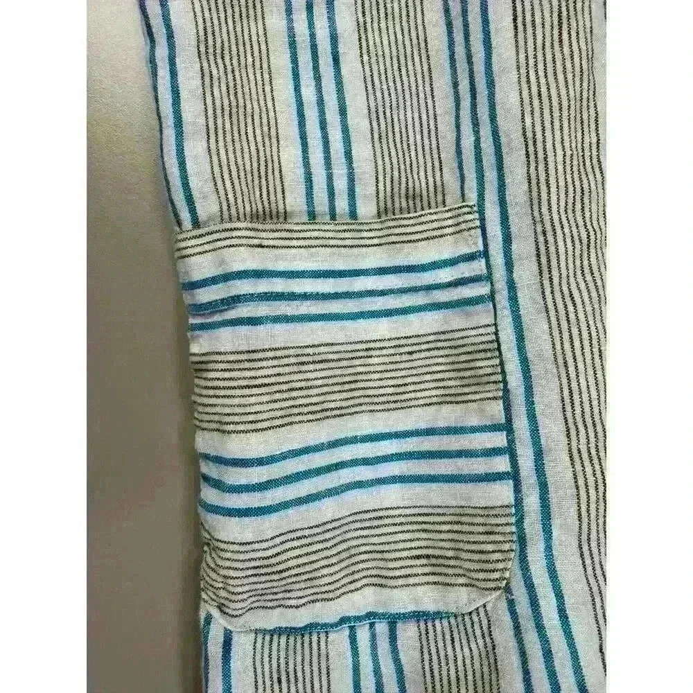 J Jill Love Linen Dress XSmall Petite Sleeveless Pockets Stripe White Blue ALine - Picture 7 of 12